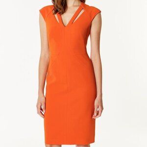 Karen Millen Womens Zip Up Cut Out V Neck Knee Length Sheath Dress Orange Size 6